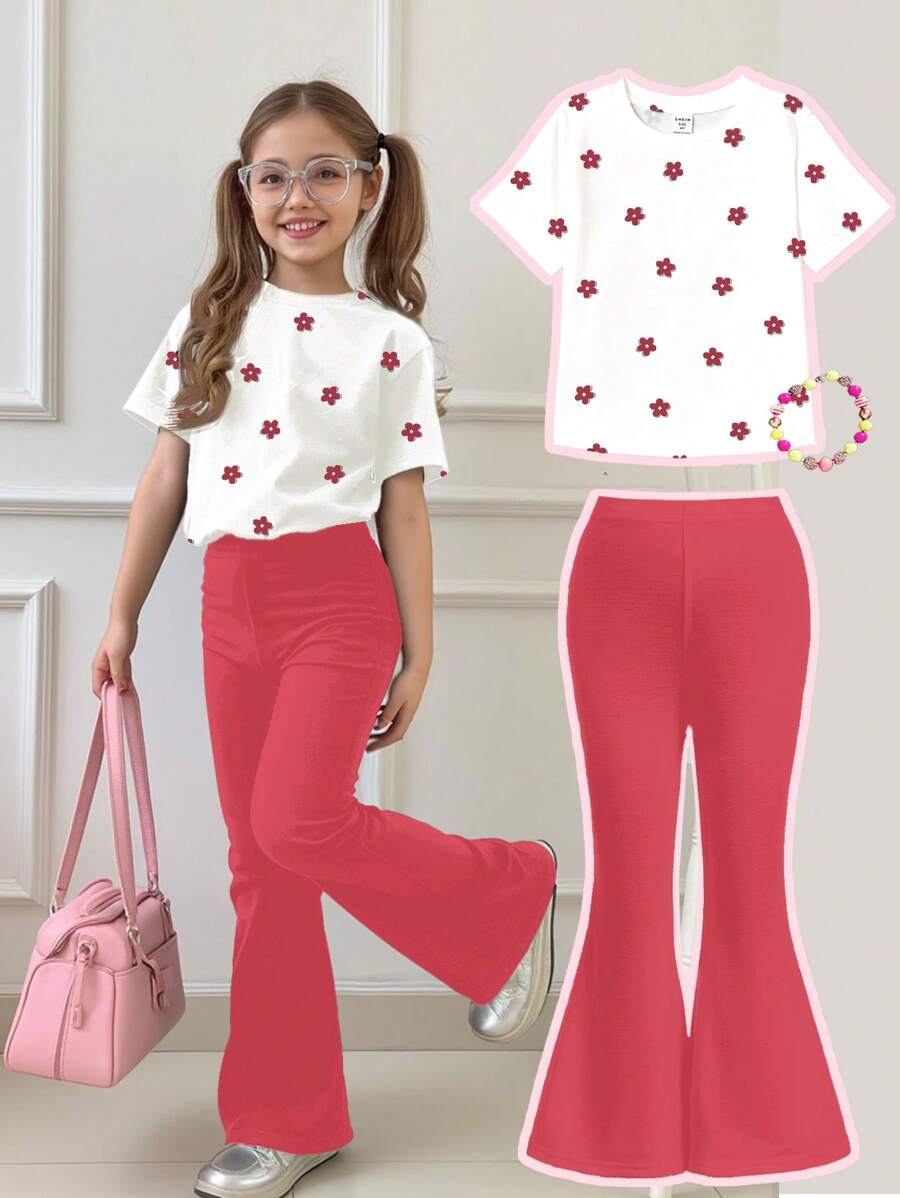 SHEIN Leap Crew 2 件套女童休闲简约卡通图案圆领短袖上衣和喇叭裤套装,适合夏季 - 彩色 - 查看 1