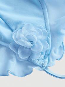 SHEIN MOD Plus Size Romantic White Ruffle Ribbon 3D Floral Design Halter Top Blue - Blue - View 4