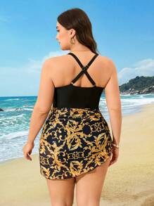 Swim Lushoire 1pc Palm Tree Print Plus Size One-Piece Swimsuit For Women For Summer Beach Vacation