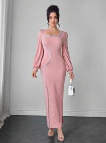 Modelyn Square Neck Beaded Trim Long Sleeve Dress For Women - Pink - View 6