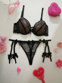 PetitDoll Women Sexy Bowknot Lace Lingerie Set - Black - View 4