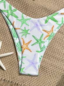 Swim Vcay 2 件套夏季假日随机印花罗纹纹理面料贝壳装饰三角形上衣和高腰比基尼泳裤性感泳衣 - 彩色 - 查看 4