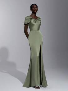 Elitara Sage Green Elegant Formal Wedding Spring Dress, Satin One Shoulder Twist Slim Micro Fishtail Hem Bridesmaid Graduation Prom Holiday Event - Green - View 7