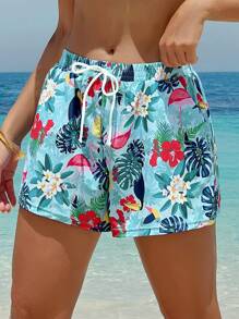 SHEIN Swim Cross-Border European And American New Style Women's Swim Shorts, Wide Tropical Floral Print Board Shorts, Beach Resort Casual Ladies Beach Pants - Multicolor - View 1