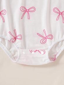 Souflis Souflis Baby Girls' Cute Bow Print Knit Bodysuit With Bow, Casual Summer Korean Style - White - View 3