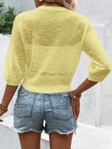 EMERY ROSE Áo len cardigan mỏng trong suốt đơn hàng thường ngày, tay 3/4 màu trơn dành cho nữ - Màu vàng - Xem 2
