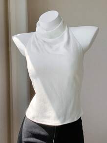 Comfortcana Top a camicia da donna in lino senza schienale, con spalline a spaghetti, ideale per le vacanze estive