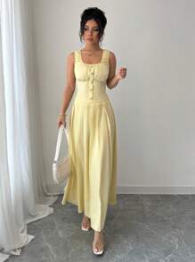 Selianne 2pcs/Set Top With Ruffle Collar Design & Pleated Skirt - Yellow - View 6