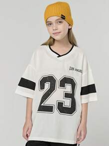 SHEIN Set de 2 bucăți pentru fete Elder Tween Girl, ocazional de zi cu zi, în stil sport în aer liber, set de pantaloni scurți cu mânecă scurtă, vară