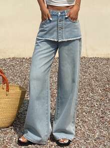 DAZY Quần Jeans Ống Rộng Thẳng Lưng Cao Rộng Cho Nữ - Màu xanh lam - Xem 8