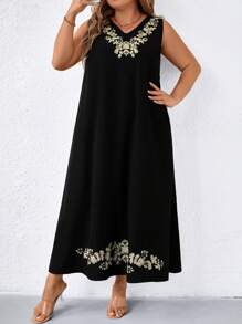 EMERY ROSE 大码女式花卉刺绣 V 领无袖浪漫连衣裙，优雅迷人，适合宴会、春夏季 - 黑色 - 查看 6