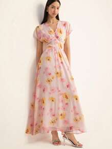 Aveloria Rosie Vestido corto de manga corta con estampado de teñido anudado, cuello en V, hombros caídos, cintura ceñida, plisado en el busto, diseño semitransparente de alta gama, estilo elegante y de moda con estampado total para mujer en verano