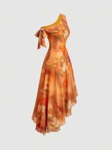 SHEIN MOD Elegant Asymmetric Shoulder Floral Dress,Summer Dresses For Women,Boho,Beach,Vacation,Tea Party Dress,Vintage Dress,Going Out Dress,Bow Dress,Tropical Dress,Orange Dress