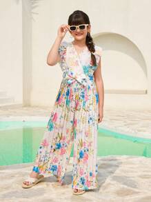 Tween Girl Floral Print V-Neck Ruffle Trim Jumpsuit - Apricot - View 6