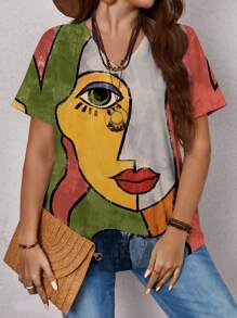 EMERY ROSE Plus Size Women Abstract Face Print Casual Loose Short Sleeve T-Shirt, Suitable For Summer