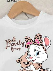 SHEIN 2pcs/Set Baby Girls Leopard Print Bunny & Cute Bear Graphic White Short Sleeve T-Shirt And Leopard Pattern Knitted Shorts Set - Multicolor - View 5