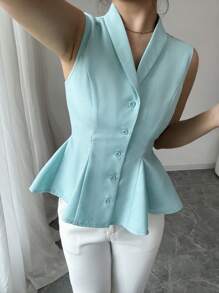 Elenzga Women's Simple Single-Breasted Ruffled Hem Suit Vest For Commuting