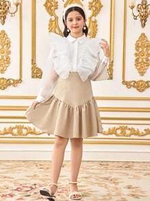 Conjunto de 2 piezas para niña preadolescente: Blusa elegante de manga larga con volantes y falda mini