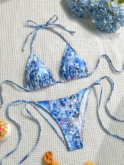 Swim Vcay 女士夏季度假海滩花卉印花吊带比基尼套装