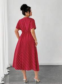SHEIN Unity Plus Size Women's White Small Polka Dot Print Woven Regular Casual Drawstring Short Sleeve Red Dress, Spring/Summer - Red - View 2