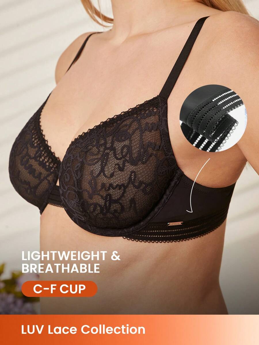 LUVLETTE Sexy Lingerie Lounge Curve Sheer Full Coverage Unlined Lace Elegance Chic & Cozy Minimizer Black Bra