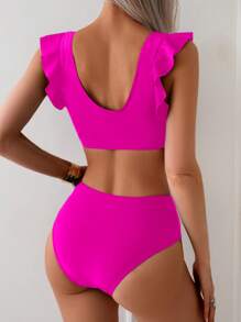 Swim Lushoire Women's Patterned Tankini Bikini Set Set, Square Neck Ruffle Strap Solid Color Swimwear Set For Summer Beach Vacation - Hot Pink - View 2