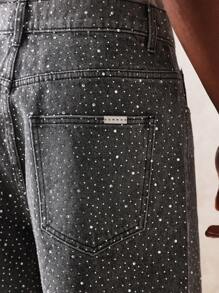 SUMWON Designer Sparkle Denim Shorts Distressed Raw Hem Summer Casual Festival Star Pattern Cotton Denim Shorts Urban Streetwear Jorts - Black - View 8