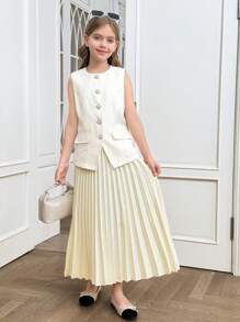 SHEIN Ensemble de 2 pièces comprenant un débardeur et une jupe plissée mini pour fille pré-adolescente allant à l'école