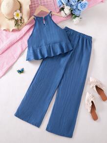 SHEIN Vintaside Kids 女童纯色荷叶边下摆吊带背心和裤子两件套 - 藏蓝色 - 查看 2