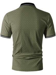 Manfinity Homme Men's Casual Textured Contrast Trim Short Sleeve Polo Shirt, Summer Polo T Shirt Men - Army Green - View 2