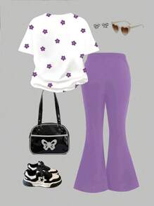 SHEIN 2 pezzi/set Top a maniche corte con scollo tondo e pantaloni a zampa con motivo cartoni animati casual, adatto per l'estate, per giovani ragazze - Multicolore - Visualizzare 2