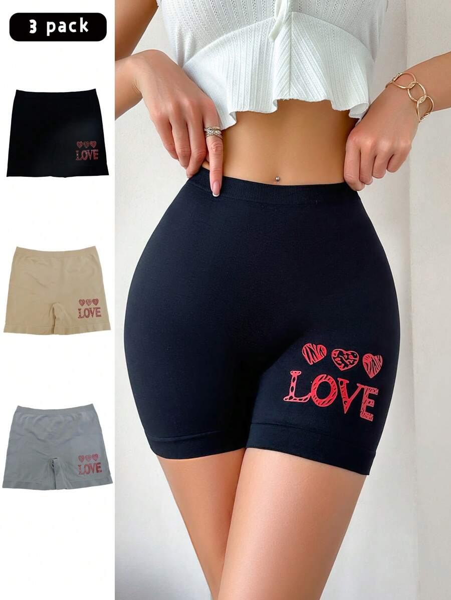 SHEIN 3pcs Seamless Heart & Letter Print Women Shorts - Multicolor - View 1