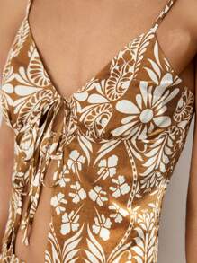 Maija 女士棕色夏季服装：可调节肩带露背植物印花短款上衣和松紧腰阔腿裤 2 件套 - 白色 - 查看 7