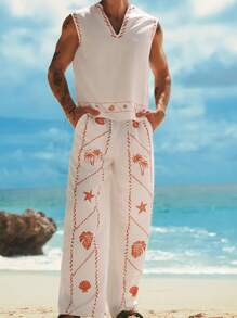 HIMLAND Men's Casual Woven Coconut Tree & Shell Print Vest & Pants 2 Pieces Set