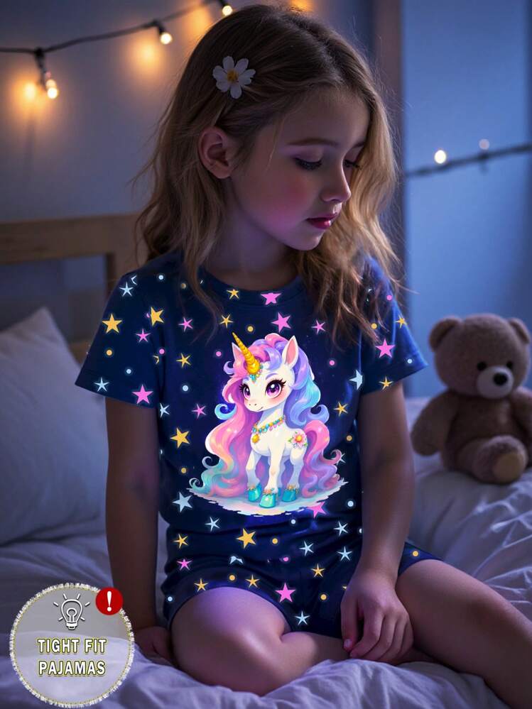 SHEIN Bộ đồ ngủ cho bé gái, họa tiết kỳ lân xanh, áo thun tay ngắn bằng vải co giãn và quần short, 2 món đồ ngủ bó sát - Màu xanh lam - Xem 3
