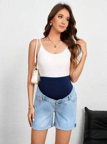 SHEIN Maternity Contrast Color Adjustable Waist Casual Denim Shorts - Light Wash - View 4