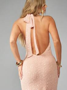 MISSGUIDED Knitted Sequin Twist Front Halter Neck Fish Tail Maxi Dress - Khaki - View 7