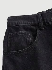 SHEIN MOD 大码纯色口袋喇叭休闲时尚牛仔裤 - 黑色 - 查看 3