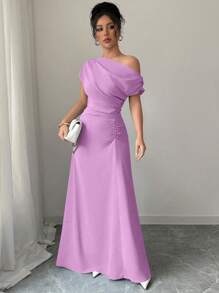 Elenzga Oblique Shoulder + Waist Gathered Extra Long Dress - Purple - View 4