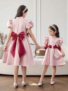 Tween Girls Elegant Short Sleeve Stand Collar Mini Dress, Comfortable - Pink - View 5