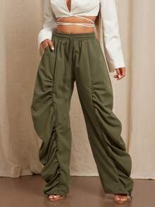 Vixey 褶皱阔腿抽绳腰部编织休闲办公裤，商务休闲女士，女士早午餐装 - 綠色 - 查看 3