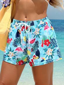 SHEIN Swim Cross-Border European And American New Style Women's Swim Shorts, Wide Tropical Floral Print Board Shorts, Beach Resort Casual Ladies Beach Pants - Multicolor - View 4