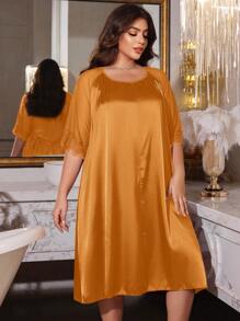 MuseNap CURVE Plus Size Short Sleeve Nightgown With Satin, Mesh And Lace Patchwork - Burnt Orange - View 3