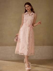 MOTF PREMIUM Vestido con cinturón con bordado floral - Rosa - Ver 3