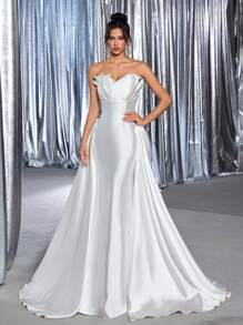 Glamrae 优雅简约 3D 花卉造型贝壳形后背系带设计宽 A 字形美人鱼尾婚纱 - 白色 - 查看 7