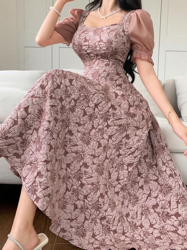 DAZY Spring Elegant Women's Mid-Length Floral Chiffon Puff Sleeve Patchwork Square Collar Dress
