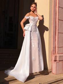 Glamrae Elegantes luxuriöses besticktes Kleid mit Pailletten-Applikationen, Spitze, Patchwork und Satinbesatz im Meerjungfrauenstil mit großer Schleife und Schleppe, geeignet für Hochzeit, Party, Flitterwochen, Braut - Beige - Übersicht 7