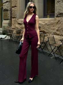 Aloruh 2pcs Ankra Red Knitted Vest And Pants Set, Spring - Burgundy - View 3