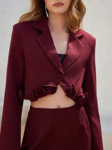 Femmeiva Burgundy Contrast Rose Decor Cropped Padded Shoulder Long Sleeve Jacket & Low-Waist Mini Skirt Set,Elegant Summer Date Office Suit For Women - Red Violet - View 6