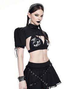 ROMWE Áo crop top tay bồng phong cách Gothic thanh lịch cổ điển dành cho nữ - màu đen - Xem 7
